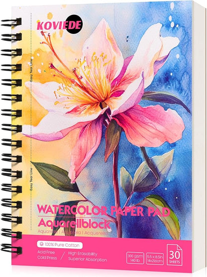 KOVIEDE 100% Cotton Watercolor Paper Pad 30 Sheets, Cold Press 140lb/300gsm Spiral Bound Watercolor Sketchbook, Artist Quality Art Journal Supplies (Floral-Pink, 5.5“x8.5)