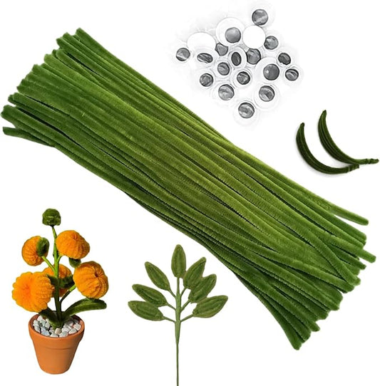 Cldamecy 100 pcs Olive Green Pipe Cleaners with 20 pcs Googly Eyes,Chenille Stems for Craft Project,Craft Pipe Cleaners for DIY Projects,Arts and Holiday Decoration