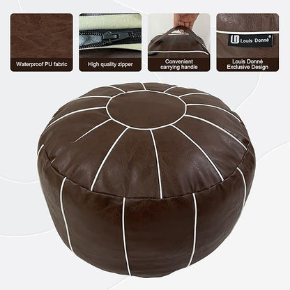 Louis Donné Unstuffed Pouf Ottoman Cover, Handmade Moroccan Foot Stool for Foot Rest, Round Faux Leather Small Bean Bag with Storage Solution, Floor Pouffe Footstool for Living Room, Bedroom Balcony