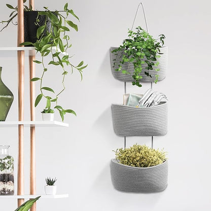 TeoKJ Over the Door Hanging Basket, 3-Tier Woven Cotton Wall-Mounted Storage Organizer Bag Decorative Hanging Nursery Baskets, Gray