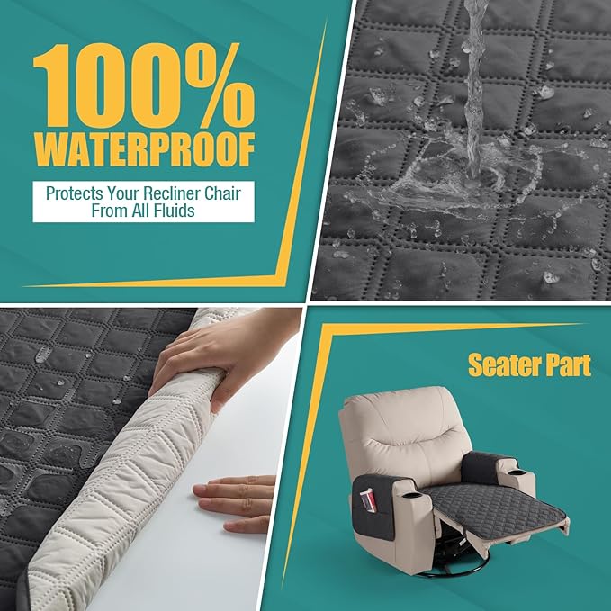 Ruaozz Waterproof Recliner Chair Covers Non Slip Chair Covers Washable Recliner Covers for Reclining Chair with Pockets Covers for Recliner Chair for Pets, Kids (Charcoal Grey, Medium-25'')