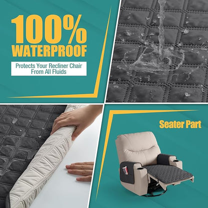 Ruaozz Waterproof Recliner Chair Covers Non Slip Chair Covers Washable Recliner Covers for Reclining Chair with Pockets Covers for Recliner Chair for Pets, Kids (Charcoal Grey, Medium-25'')