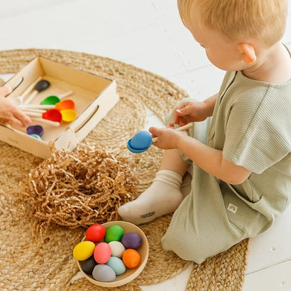 Ulanik Eggs and Spoons Toddler Montessori Toys for 1 Year Old + Kids Wooden Eggs Baby Matching Game for Learning Color Sorting and Counting — 12 pcs, 1.8 in