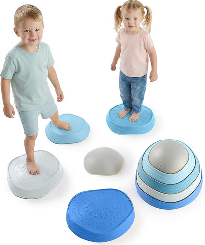 Special Supplies Stepping Stones for Kids, 5 Balance Indoor and Outdoor Blocks Promote Coordination, Balance, Strength, Child Safe Rubber, Non-Slip Edging, Stackable