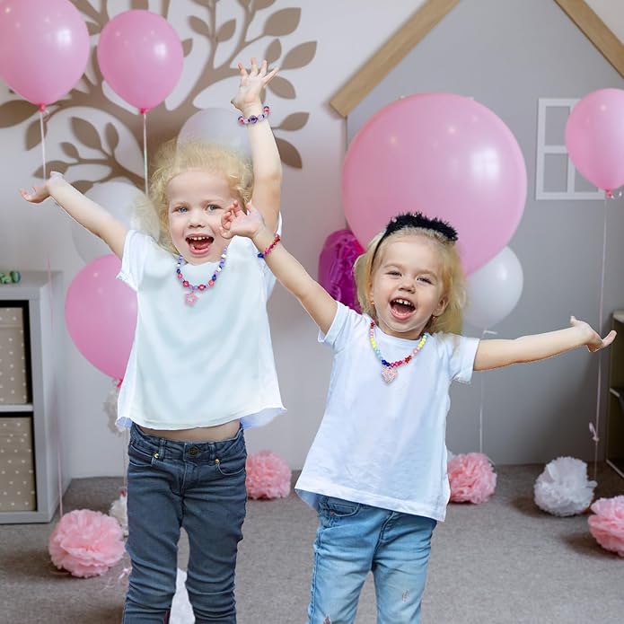 Kids Jewelry for Girls, Toddler Jewelry, 2 Sets Girls Jewelry Beaded Necklace and Beads Bracelet for Little Girls Kids Toddler, Little Girls Jewelry Set, Favors Bags for Girls