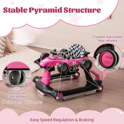 GLACER Foldable Baby Walker, 4-in-1 Infant Walker with Adjustable Height & Speed, Music, Light, Steering Wheel & Washable Cushion, Baby Walker Activity Center for Boys Girls 6 –18 Months (Pink)