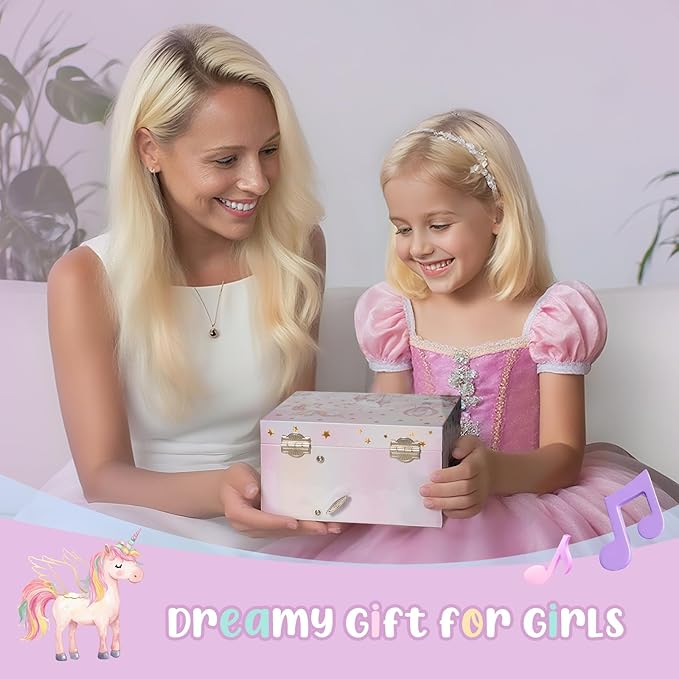 Lolalet Unicorn Music Jewelry Box for Girls, Kids Musical Jewelry Boxes with Spinning Unicorn Doll, Cute Children's Jewelry Storage Organizer Gift for Little Girls Age 3-8 -Pink (Box Only)