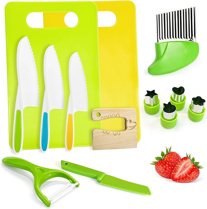 Chanking 13 Pieces Kids Safe Knife Set for Real Cooking Child-Friendly Plastic Chef Tools Montessori Kitchen Toys for Toddlers Birthday Gifts for Boys and Girls Ages 4+ (A)