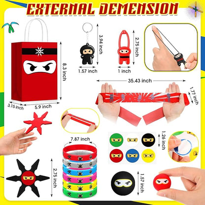 16 Guests 128 Pcs Ninja Party Favors Include Ninja Gift Bags Bouncy Balls Throwing Favors Flying Slingshot Headbands Silicone Bracelets Keychains Stickers for Ninja Birthday Party Supplies