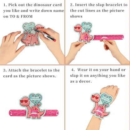 Mibor Valentines Day Cards for Kids - 30 Pcs Dinosaur Gift Cards + 30 Pack Slap Bracelets for Valentines Party Favors, Valentines Day Cards for Kids Party Decorations, Valentines Gift Snap Bracelets