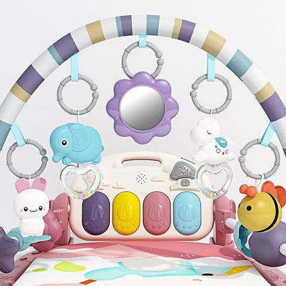 Jovow Baby Gym with Musical Piano,Baby Play Mat Tummy Time Baby Activity Gym Mat with 5 Infant Learning Sensory for Baby, Music and Lights Boy or Girl for Newborn（Pink）