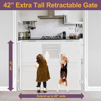 42" Tall X 60" Wide Retractable Dog Gate Extra Tall Baby Gates for Doorways Tall Pet Gate for Cats Adjustable Baby Gates for Dogs Indoor Outdoor Extra Tall Mesh Gates for Kids or Pets (White)