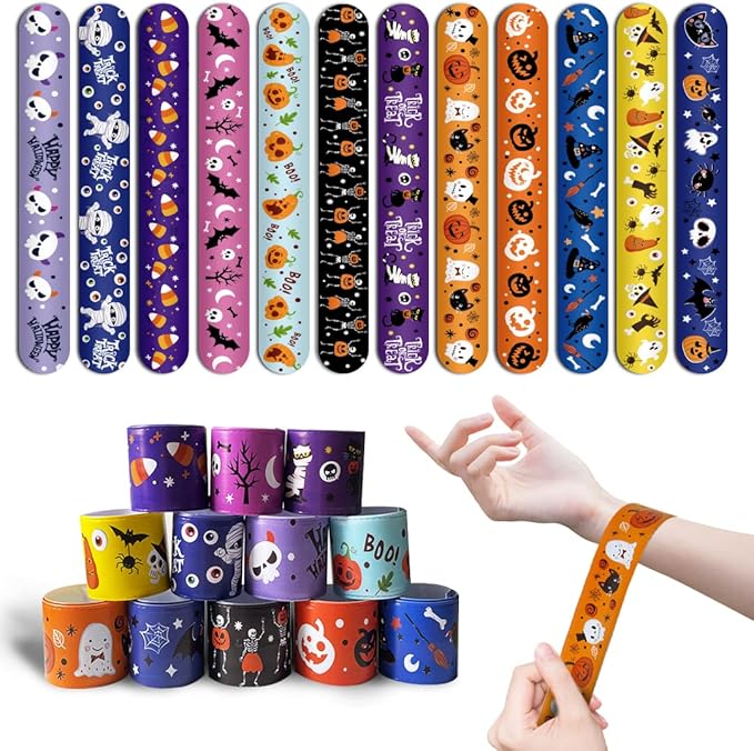 LOMIMOS 48PCS Halloween Slap Bracelets,Snap Wristbands with Assorted Pumpkin Skeleton Bat Spider for Kids Trick or Treat Gift Bag Filler Party Favors