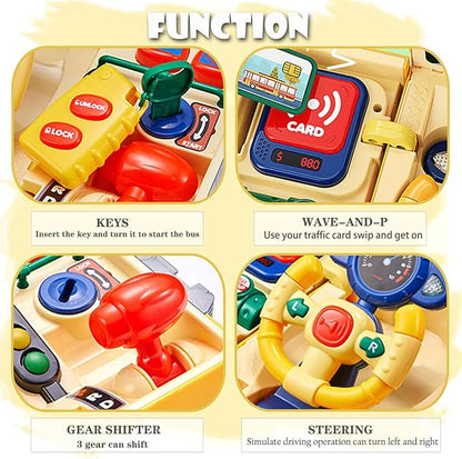 HONGTUO School Bus Toy with Sound and Light, Simulation Steering Wheel Gear Toy, Toddlers School Bus Toys with Music Education Knowledge Simulation Driving Bus Toys, Gift for 1-3-5 Boys & Girls