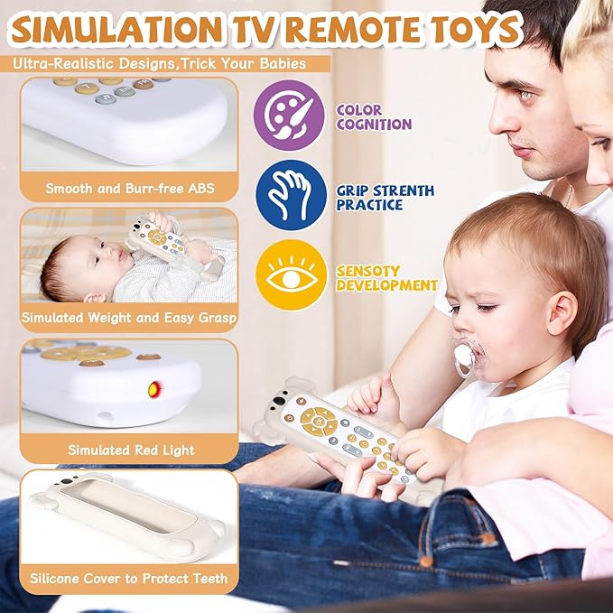 Orzbow Baby Remote Control Toy for 6 Month+ with Silicone Teether Cover, TV Remote Toy with Realistic Light and Sound - English, French and Spanish for Infant Play Remote Musical Toys, BPA Free, White