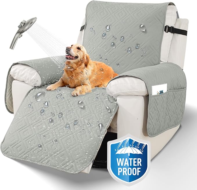 XINEAGE 100% Waterproof Recliner Cover, Non Slip Recliner Chair Cover with Elastic Band, Washable Recliner Slipcover with Storage Pockets for Kids, Pets (Light Gray, 25")