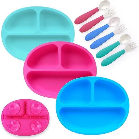 Elk and Friends Silicone Suction Plate for Babies/Toddlers + Stainless Steel Silverware Feeding Set | Divided Plate | Suction Design | Forks + Spoons Included | 3 Pack