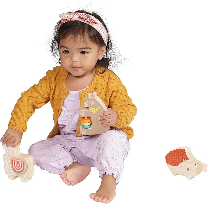 Manhattan Toy Musical Forest Trio 3 Piece Wooden Toy Set for Toddlers with Bear Rattle, Llama Clacker & Hedgehog Guiro