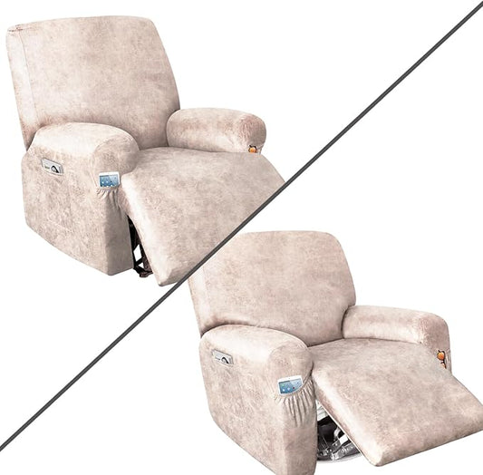 Like Leather Recliner Chair Covers, 4 Pieces Lazy Boy Recliner Cover That Stay in Place, Soft Stretch Leather Grain Covers for Recliner Covers for Large Recliner Slipcover (Beige 4)