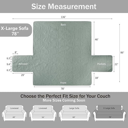 Soft Sage Quilted Couch Cover with Pockets for Extra-Large Sofa, Anti-Slip Sofa Covers Washable for 3 Cushion, Pet Friendly Oversized Sofa Cover Water-Repellent (X-Large Sofa 78", Sage Green)