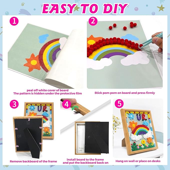 URSDIART Rainbow Pom Poms Craft Supplies, Pom Poms Art Craft Kits for Ages 8-12,6-9,15 Years+, DIY Pom Pom Painting Art Kit,Classroom Easy Crafts for Tweens, Adults,Seniors Creative Projects