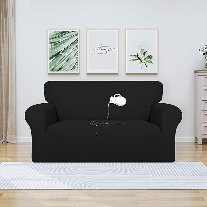 PureFit 100% Dual Waterproof Couch Cover Slipcovers for Couches and Sofas - Stretch Non Slip Fleece Sofa Covers Washable, Leakproof Furniture Protector for Kids, Pets, Dog (Loveseat, Black)