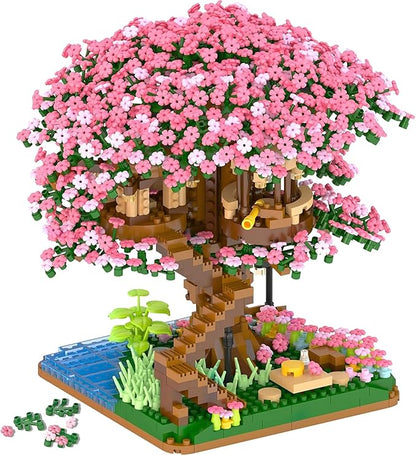Peach Blossom Pond Micro Building Blocks Set Toys for Kids and Adults, Mini Cherry Bonsai Tree House with LED String Lights DIY Japanese Sakura Street Model Chinese Bricks Architecture Kit Teens Gift