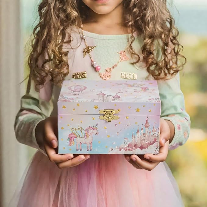 Lolalet Unicorn Music Jewelry Box for Girls, Kids Musical Jewelry Boxes with Spinning Unicorn Doll, Cute Children's Jewelry Storage Organizer Gift for Little Girls Age 3-8 -Pink (Box with Jewelry)