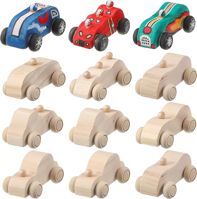 12 Pieces Wood DIY Car Toys, Unfinished Wooden Cars, Crafts for Students Home Activities, Easy Woodworking and Family Time Set