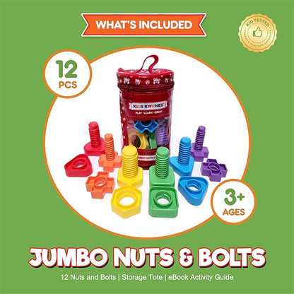Jumbo Nuts and Bolts For Toddlers - Fine Motor Skills Rainbow Matching Game Montessori Toys For Toddlers & Toddler Games | 12 pc Occupational Therapy Educational Toys with Toy Storage + eBook