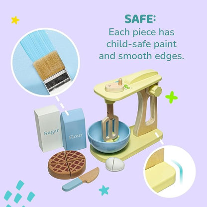 Bimi Boo 10-Piece Wooden Mixer Set for Toddlers - Make-a-Cake Pretend Play Cooking Set - Play Kitchen Accessories for Baking for Boys and Girls