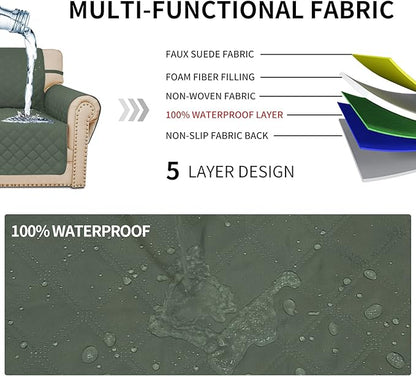 Easy-Going Sofa Slipcover Waterproof Sofa Cover Couch Cover for 4 Cushion Couch with Elastic Straps Washable Non-Slip Furniture Protector Cover for Pets, Dogs, Cat (XX-Large, Greyish Green)