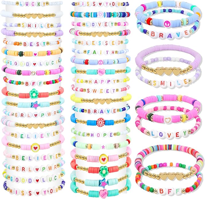 60 pcs Colorful Kids Friendship Bracelet Sets, Stackable Elastic Cute Beaded Bracelets Princess Pretend Play Bracelet Preppy Bracelets Bulk Set for Women Gift