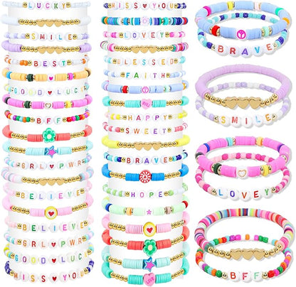 60 pcs Colorful Kids Friendship Bracelet Sets, Stackable Elastic Cute Beaded Bracelets Princess Pretend Play Bracelet Preppy Bracelets Bulk Set for Women Gift