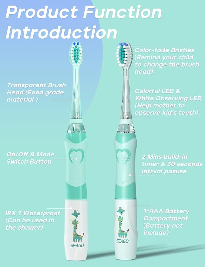 SEAGO Kids Electric Toothbrush with 2 Mins Brushing Timer and 8 Replacement Bursh Heads,Rainbow LED Light Make Brushing Fun, Blue Color Boys Battery Powerd Toothbrush for 4-12 Years Old