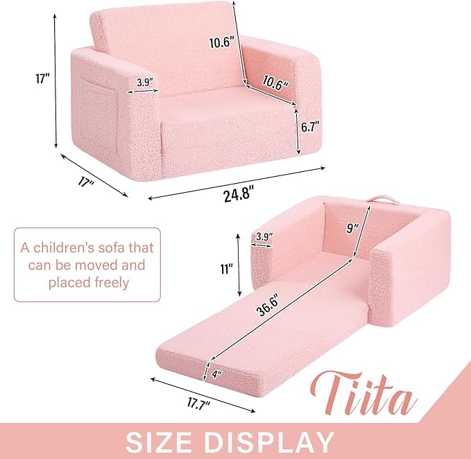Tiita Kids Chair Couch, Folding Toddler Comfy Sofa Chairs, 2-in-1 Kids Plush Sofa Fold Out, Baby Armrest Chair Sofa to Lounger, Convertible Play Sofas to Bed for Girl or Boy, Pink
