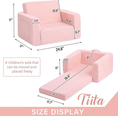 Tiita Kids Chair Couch, Folding Toddler Comfy Sofa Chairs, 2-in-1 Kids Plush Sofa Fold Out, Baby Armrest Chair Sofa to Lounger, Convertible Play Sofas to Bed for Girl or Boy, Pink