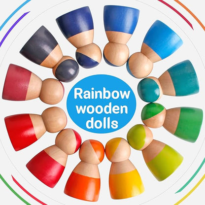 SHIERDU 12 PCS Rainbow Wood Peg Dolls Wooden Pretend Play People Figures for Toddlers Preschool Learning Educational Toys Wooden Toddler Toys for Boys Girls