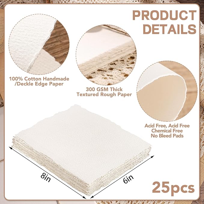 25 Sheets Watercolor Paper, 300 GSM Deckled Edge Paper 6 x 8 inch Rough/Textured Handmade Paper Cotton Paper White Textured Paper for Watercolors, Wedding Invitations, Cards, Crafts