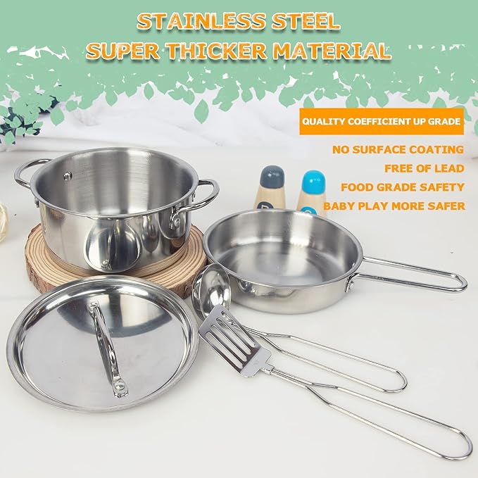 Kids Play Kitchen Toys, Stainless Steel Kitchen Utensils, Pretend Play Kitchen Accessories, Montessori Learning Toy for Toddlers 1-3