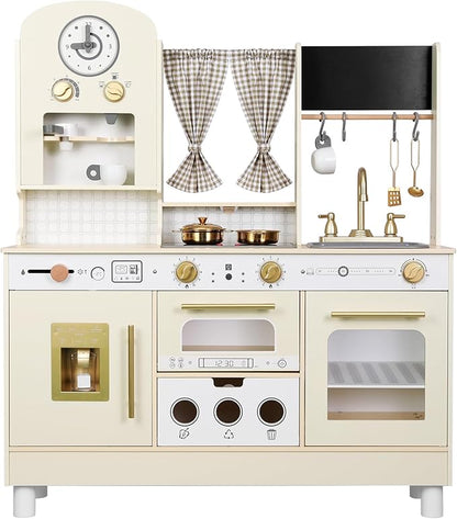 Kids Kitchen playset, Wooden Play Kitchen, Height Adjustable, Comes with Various Kitchen Accessories, Ideal Role Play Toy Gift for Toddlers and Kids Ages 3-8 (White)