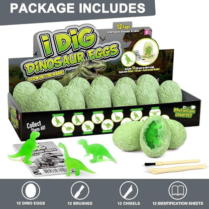 XXTOYS Luminous Dinosaur Eggs Dig Kit Glow-in-The-Dark Dinosaur Eggs 12 Dinosaur Excavation Kits with 12 Unique Dinosaur Toys Dinosaur Dig for Kids Archaeology Educational Science Gift