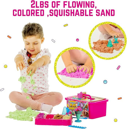 GirlZone Ice Cream Shop Play Sand for Kids, 22pcs Moldable Sand Kit - Serving Tools, Glasses, Spoon, Decorations, Stickers & 2lbs Colorful Sand, Fun Kids Sensory Toys, Ideal Easter Gifts for Kids