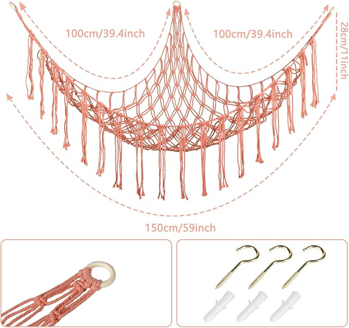 Boho Stuffed Animals Net or Hammock Large,55 inch Toy Hammock Macrame Stuff Animal Storage Corner Hanging Net Holder,Mesh Hammock Plush Toy Organizer with Hooks for Bedroom,Nursery (Deep Pink)