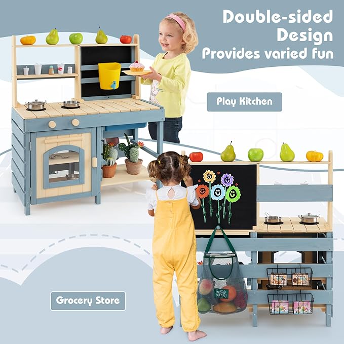 Costzon 2 in 1 Mud Kitchen, Fir Wood Outdoor Play Kitchen & Grocery Store w/Removable Sink, Water Box & Faucet, Stoves, Storage Bag, Metal Baskets, Double-Sided Kids Kitchen Playset for Boys Girls 3+