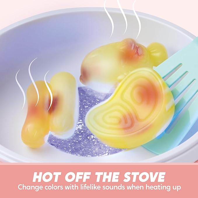 Play Kitchen Toys with Realistic Lights& Sounds, Pretend Play Toy Set for Girls Boy, Color Changing Breakfast Playset, Christmas Birthday Gift for Kids, Pink