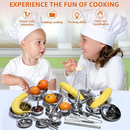 Mini Size Kids Kitchen Pretend Play Toys Accessories with Stainless Steel Cookware Pots and Pans Set,Classic Kitchen Accessories Cooking Utensils Set Tiny Role Play Cooking Play Toy for Kids Toddlers