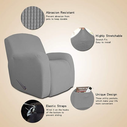 Easy-Going Oversized Recliner Stretch Sofa Slipcover Sofa Cover 1 Piece Furniture Protector Couch Soft with Elastic Bottom Kids,Polyester Spandex Jacquard Small Checks(Oversize Recliner,Light Gray)