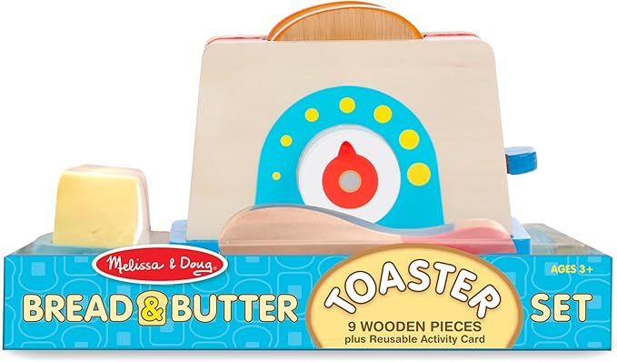 Melissa & Doug Bread and Butter Toaster Set (9 pcs) - Wooden Play Food and Kitchen Accessories