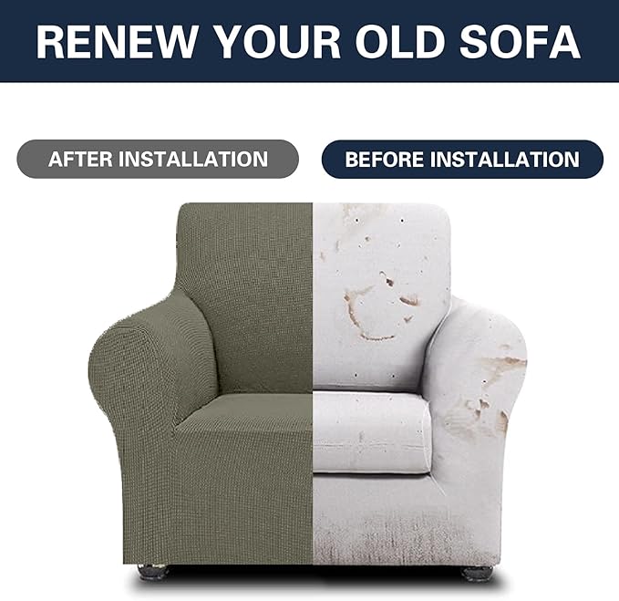 2025 New Stretch Chair Sofa Slipcovers Couch Cover for 1 Seater Furniture Protector Sofa Covers with Elastic Bottom Jacquard Fabric Small Checks for Pets, Kids - Khaki